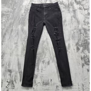 Arizona Jean Co Jeans Womens 7 LONG Black Distressed Ripped High Rise Jegging